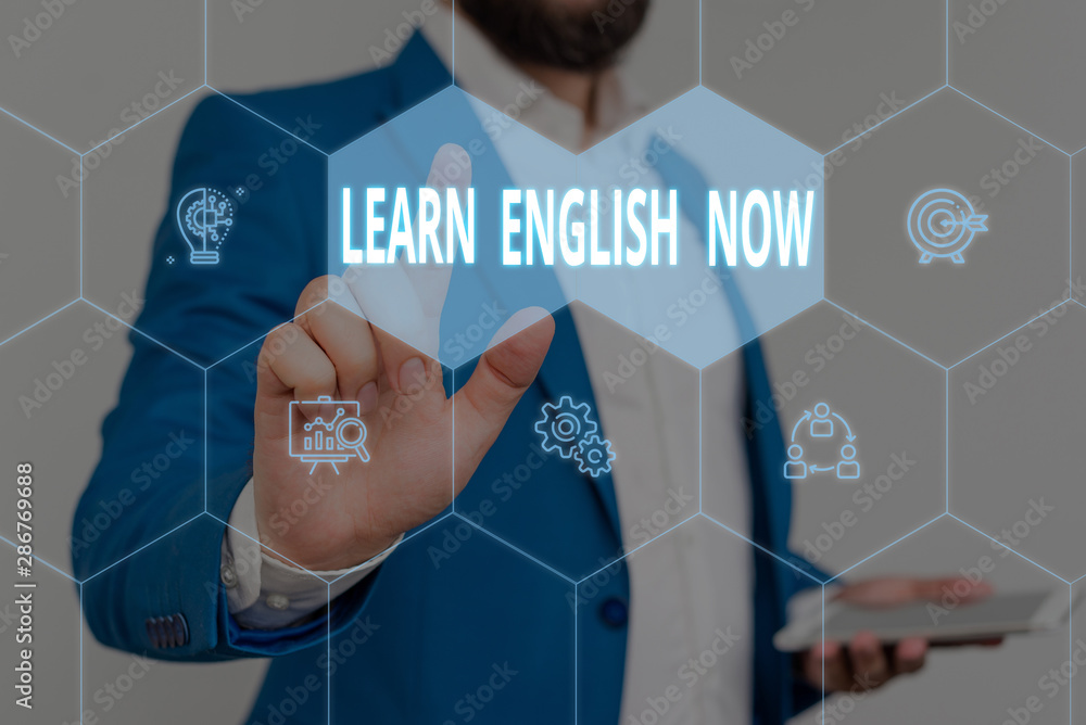 Poster text sign showing learn english now. business photo showcasing gain or acquire knowledge and skill o