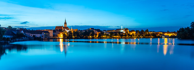 Jindrichuv Hradec panoramic cityscape with Vajgar pond in the foreground. Czech Republic