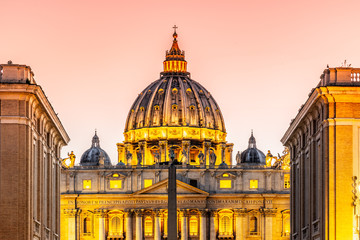 Dome of St Peters Basilica in Vatican City, Rome, Italy. Illuminated by night