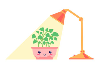 Kawaii potted smiling plant under the lamp light, flat style. Can be used for cute greeting cards or posters or interior elements, home decoration, for plants care leaflets, hygge illustrations etc.