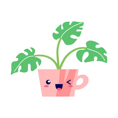Kawaii smiling potted house plant. Flat style. For cute greeting cards or interior elements, applicable for bright home decorations posters, hygge illustrations etc. Isolated vector illustration.