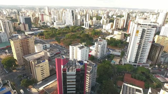 Aerial view of Goiania city, Goias state, Brazil. Lakes, houses and many buildings.