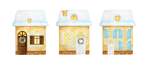 Watercolor Christmas winter yellow beige houses Set with dark brown and white wooden door, luminous windows and with snow on the roof on a white background. House with New Year wreath decoration