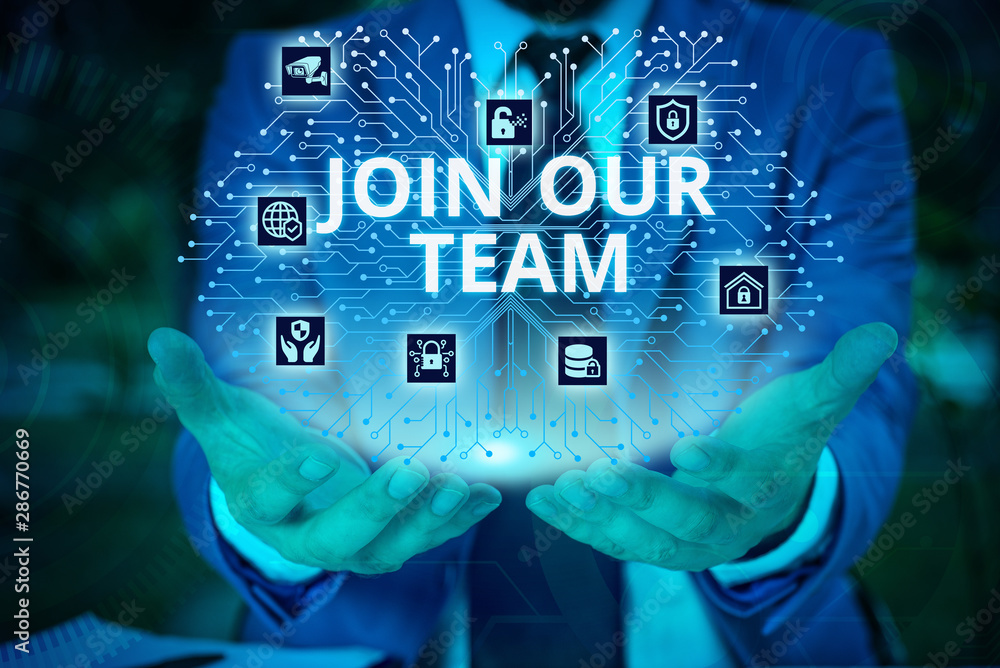 Poster word writing text join our team. business photo showcasing inviting someone to join in your local gr