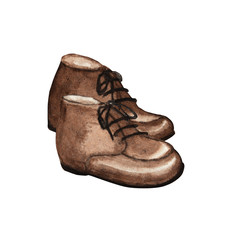 Modern fashion boy kids gentlemen s shoes. Isolated with inscription, hand painted watercolor illustration on white background. Luxury children man brown leather shoe collection.