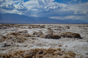 The salt flats of Badwater Basin, the lowest spot in North America, and the distant mountains in Death Valley National Park