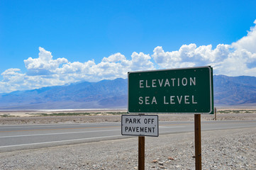 "ELEVATION SEA LEVEL" sign in Death Valley National Park, CA in front of a beautiful landscape