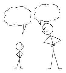 Vector cartoon stick figure drawing conceptual illustration of man or father or parent and boy or son fighting or arguing about something. Empty speech bubbles for your text.
