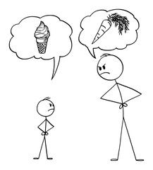 Vector cartoon stick figure drawing conceptual illustration of man or father or parent and boy or son fighting or arguing about healthy food, ice cream and carrot vegetable.