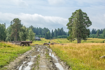 Picturesque landscape of Ural nature with a dirty country road