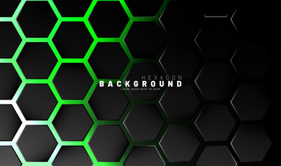 Abstract black hexagon pattern on green neon background technology style. Honeycomb. Vector illustration
