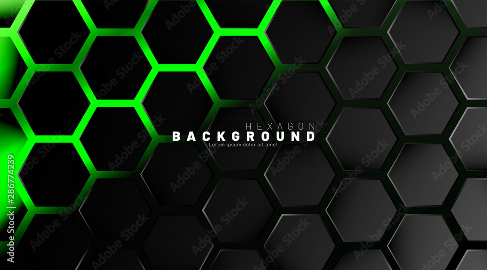 Poster abstract black hexagon pattern on green neon background technology style. honeycomb. vector illustra