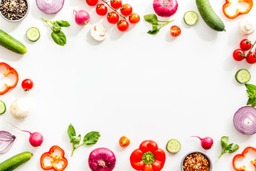 Frame of colorful vegetables on white background top view mock up