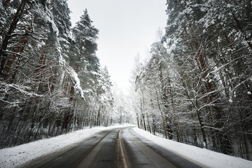 Curved asphalt road in a forest covered with snow in Latvia