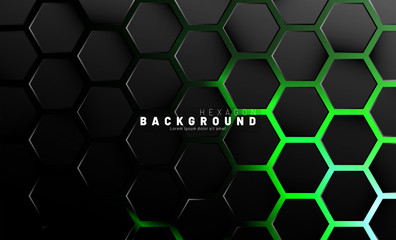Abstract black hexagon pattern on green neon background technology style. Honeycomb. Vector illustration