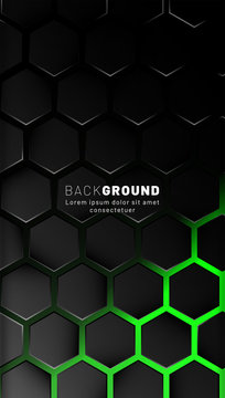 Vertical hexagon background. Gradient color light pattern with dark background technology style. Honeycomb. Vector illustration of light.