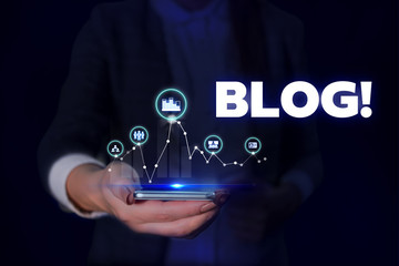 Handwriting text Blog. Conceptual photo regularly updated website web page run by individual or group Woman wear formal work suit presenting presentation using smart device