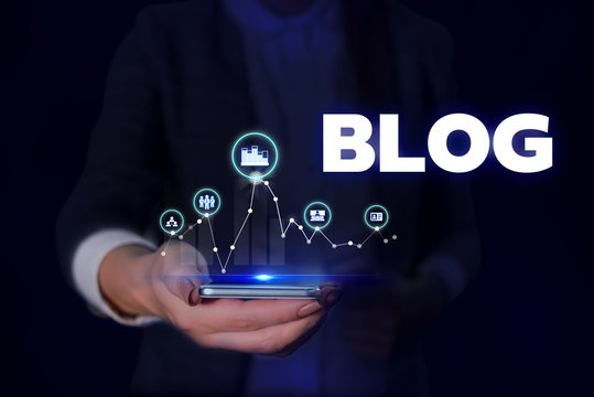 Handwriting text Blogquestion. Conceptual photo regularly updated website web page run by individual Woman wear formal work suit presenting presentation using smart device