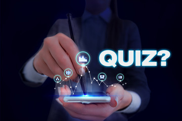 Writing note showing Quiz Question. Business concept for test of knowledge as competition between individuals or teams Woman wear formal work suit presenting presentation using smart device