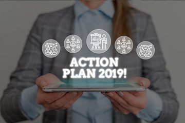Conceptual hand writing showing Action Plan 2019. Concept meaning proposed strategy or course of...