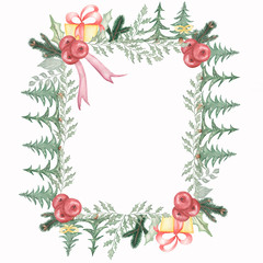 Watercolor hand drawn Christmas wreath ofpoinsettia plant, berries,leaves, coniferous branch, candies and christmas gifts.
