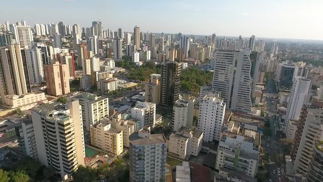 Aerial view of Goiania city, Goias state, Brazil. Lakes, houses and many buildings.