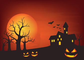 Halloween pumpkins and dark castle on moon background, vector illustration