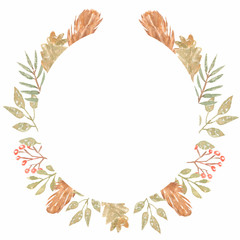 Watercolor wreath autumn woodland with berries, leaves, bird feather. Leaves background for invitations, advertisements, postcardsand other projects. with space for text.