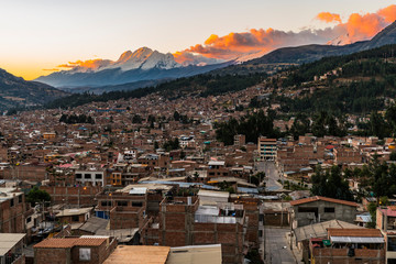 Overlooking the city of Huaraz with Huascaran mountain in the background in Peru.   