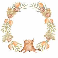Watercolor wreath autumn woodland with berries, leaves, nuts, dog rose and stump. Leaves background for invitations, advertisements, postcardsand other projects. 