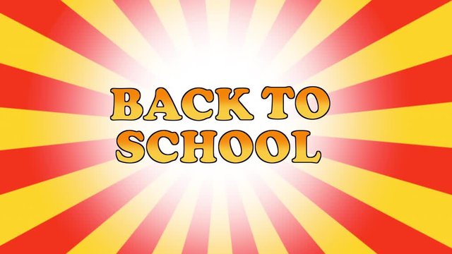 Back To School Text Cartoon Style Expression on animated multicoloured sunbeam background. Retro style background, education concept.