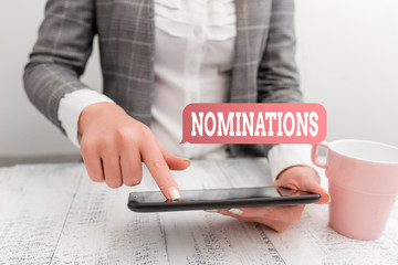 Handwriting text writing Nominations. Conceptual photo the act of officially suggesting someone for...