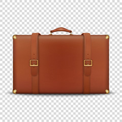 Vector 3d Realistic Retro Leather Brown Threadbare Suitcase With Metal Corners, Belts and Handle Icon Closeup Isolated on Transparent Background. Vacation and Travel Concept. Vintage Bag. Front View