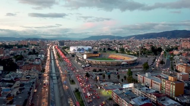 Aerial view of Bogota, Colombia. Drone footage of El Campin Stadium, roads and buildings in this big city in South America 