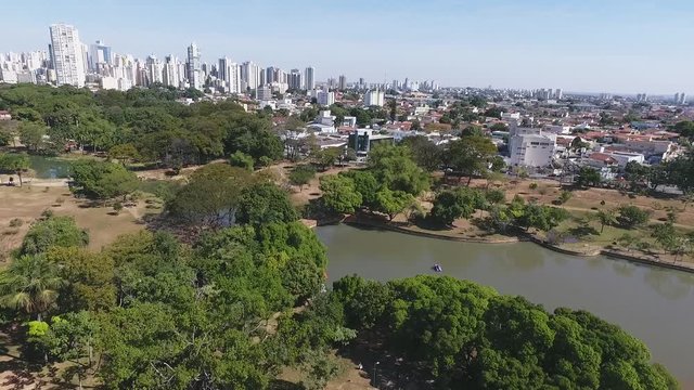 Aerial view of Goiania city, Goias state, Brazil. Lakes, houses and many buildings.
