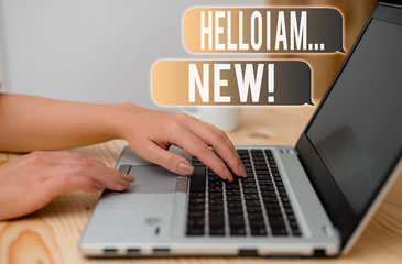 Word writing text Hello I Am New. Business photo showcasing used as greeting or to begin telephone conversation woman laptop computer smartphone mug office supplies technological devices