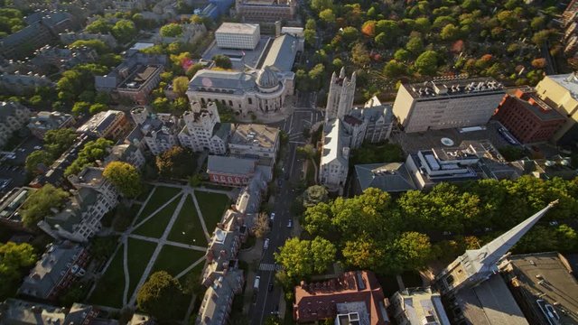 New Haven Connecticut Aerial v13 Birdseye to near vertical detail view above courtyard, concert hall, and cemetery - October 2017