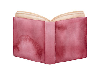 Watercolour illustration of opened book with red maroon distressed cover. Sign of wisdom and literature. Handdrawn water color sketchy drawing, cut out clip art element for creative design decoration.