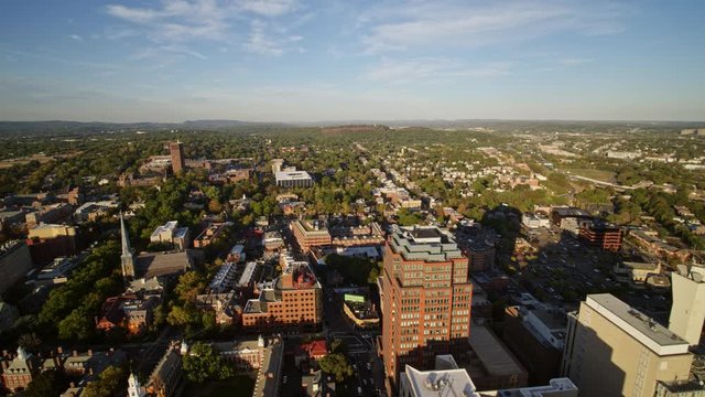 New Haven Connecticut Aerial v14 Birdseye to panning cityscape views, downtown & campus - October 2017
