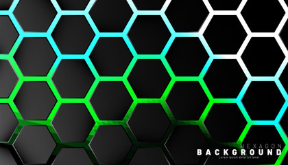 Abstract black hexagon pattern on green neon background technology style. Honeycomb. Vector illustration