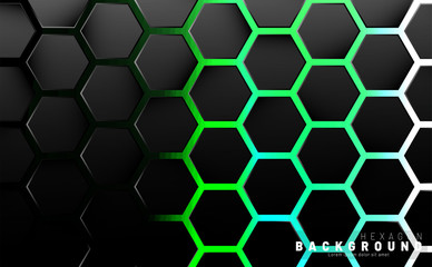 Abstract black hexagon pattern on green neon background technology style. Honeycomb. Vector illustration