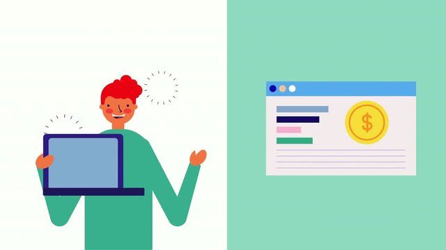 businessman worker with laptop and money webpage