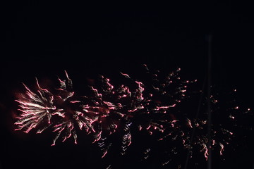 Bright Red Fire Works trails at night