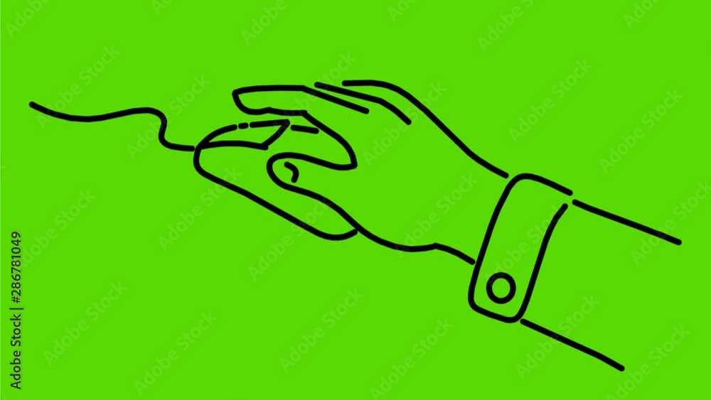 Poster 2d animation monoline style drawing of a hand clicking computer mouse on white and green screen with