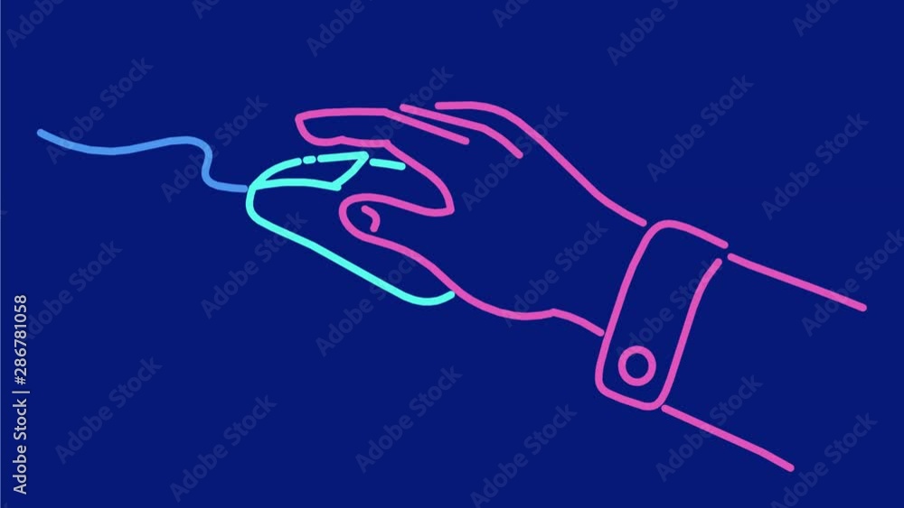 Poster 2d animation motion graphics showing neon sign light signage lighting of a hand clicking computer mo