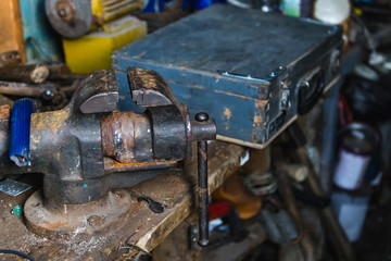 Concept of a failed case, metaphor. Valise on table covered dust.