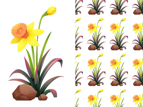 Seamless background design with yellow daffodil flowers