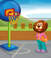Lion playing basketball in park