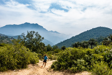 Fototapeta na wymiar Young woman trail running through National Park La Campana in Chile. 