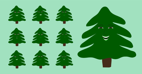 Set of Christmas trees with diffrent emotions. Creative Hand Drawn avatars for winter holidays. Vector illustration.